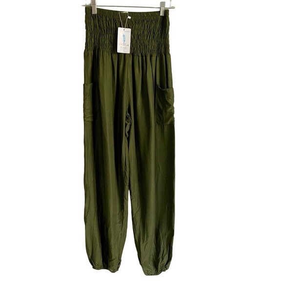 Boho Pants Green Smocked Waist Harem Pants With Pockets Women's Medium NEW NWT - Picture 1 of 7